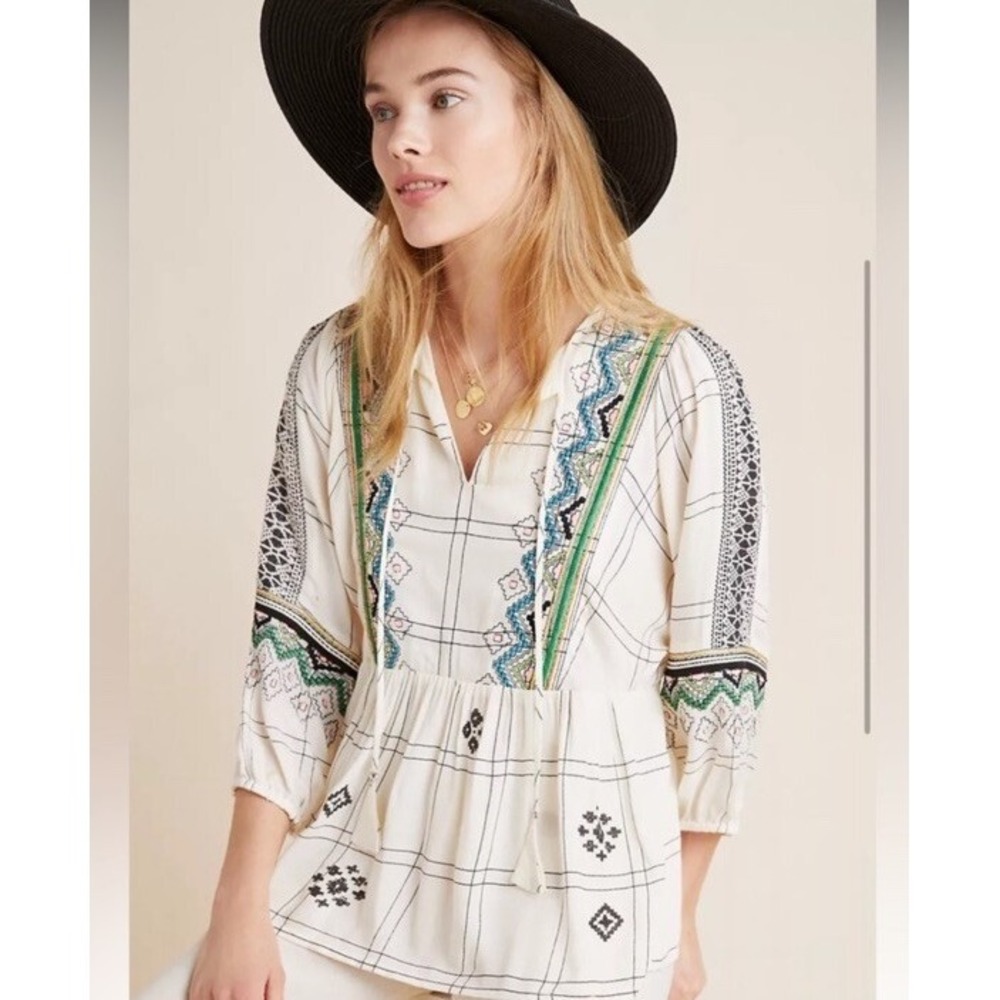 Vineet Bahl Anthropologie Cream Brielle Embroidered ‎ Peasant Blouse Top S Boho